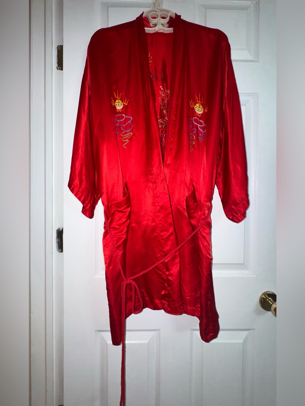 Vintage Golden Dragon Red Silk Hand Embroidered Kimono Robe L/XL